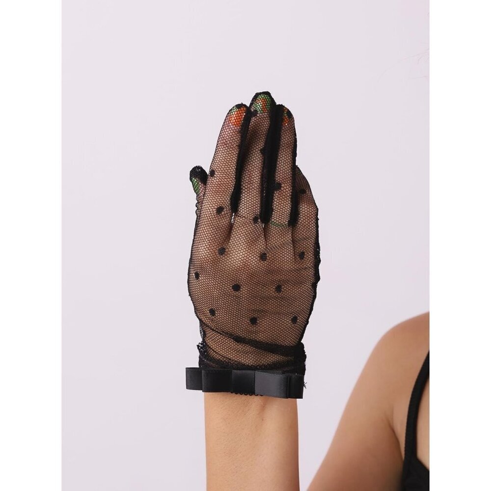 Women's Black Mesh Bow Lace Gloves Gothic Lolita Vintage Costume Accessories - Picture 2 of 6